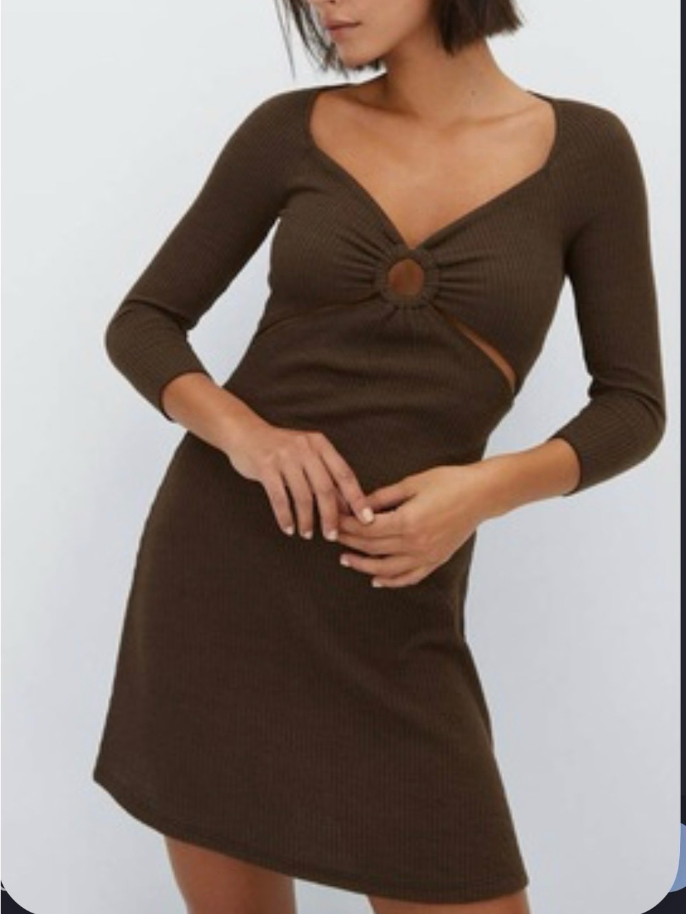 Stradivarius Brown Ribbed Cutout Mini Dress